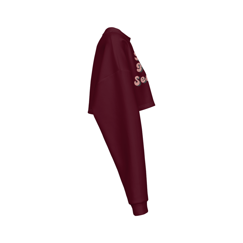 Women's Cropped Crewneck Sweatshirt-Techno Scuba Knit - Burgundy